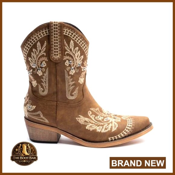 Sparkly Embroidered Rhinestone Cowboy Boots with Side Zipper, PU Leather - Picture 4 of 7